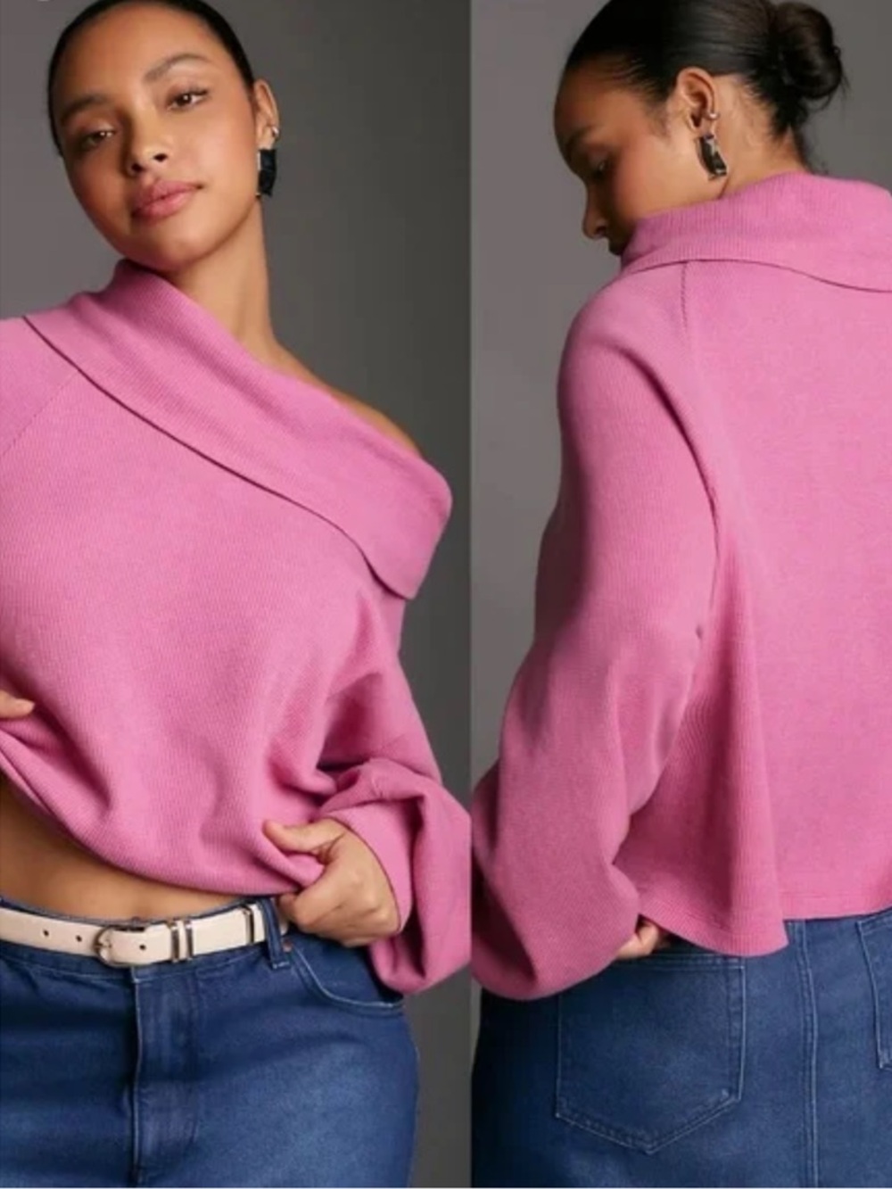 Anthropologie Off-the-Shoulder Waffle Pink Knit Top, Size Small, NWT